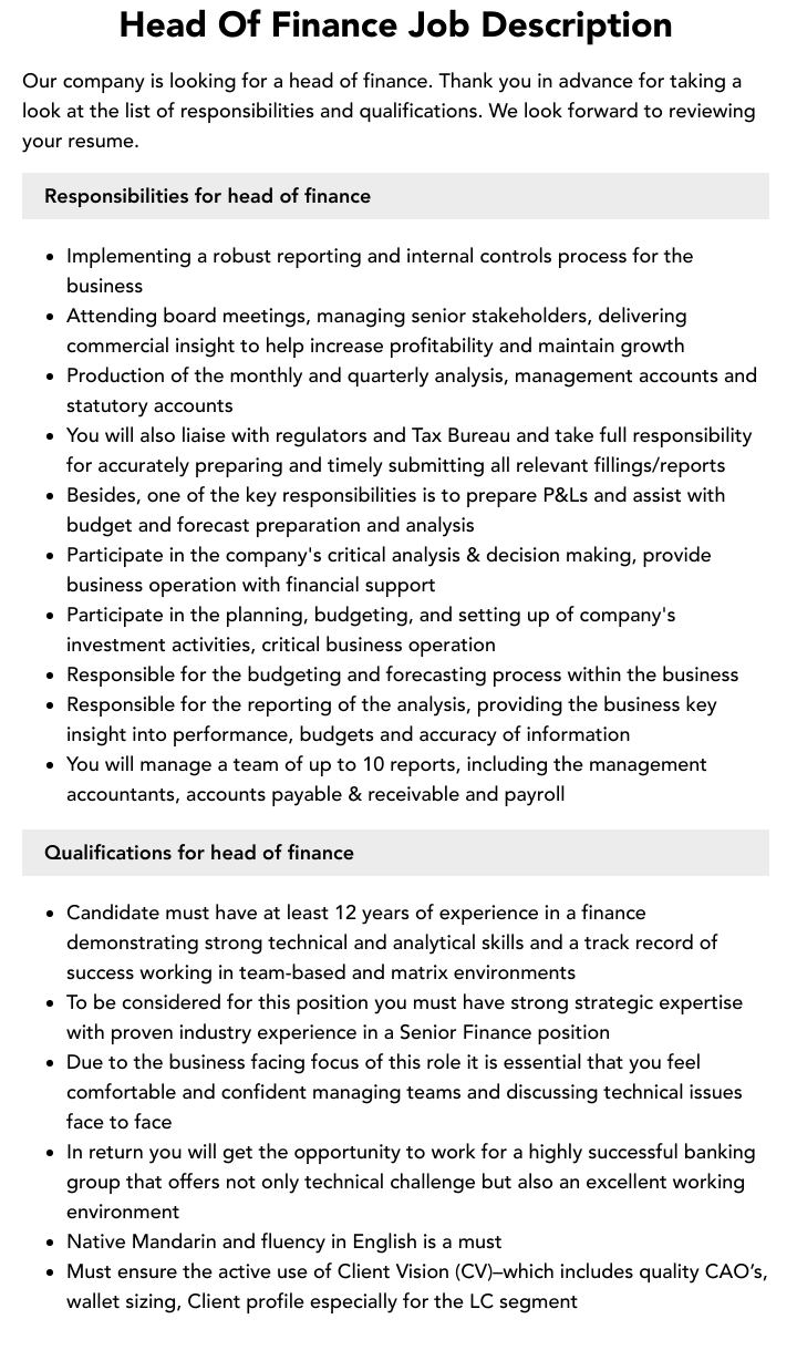 job description of head of finance