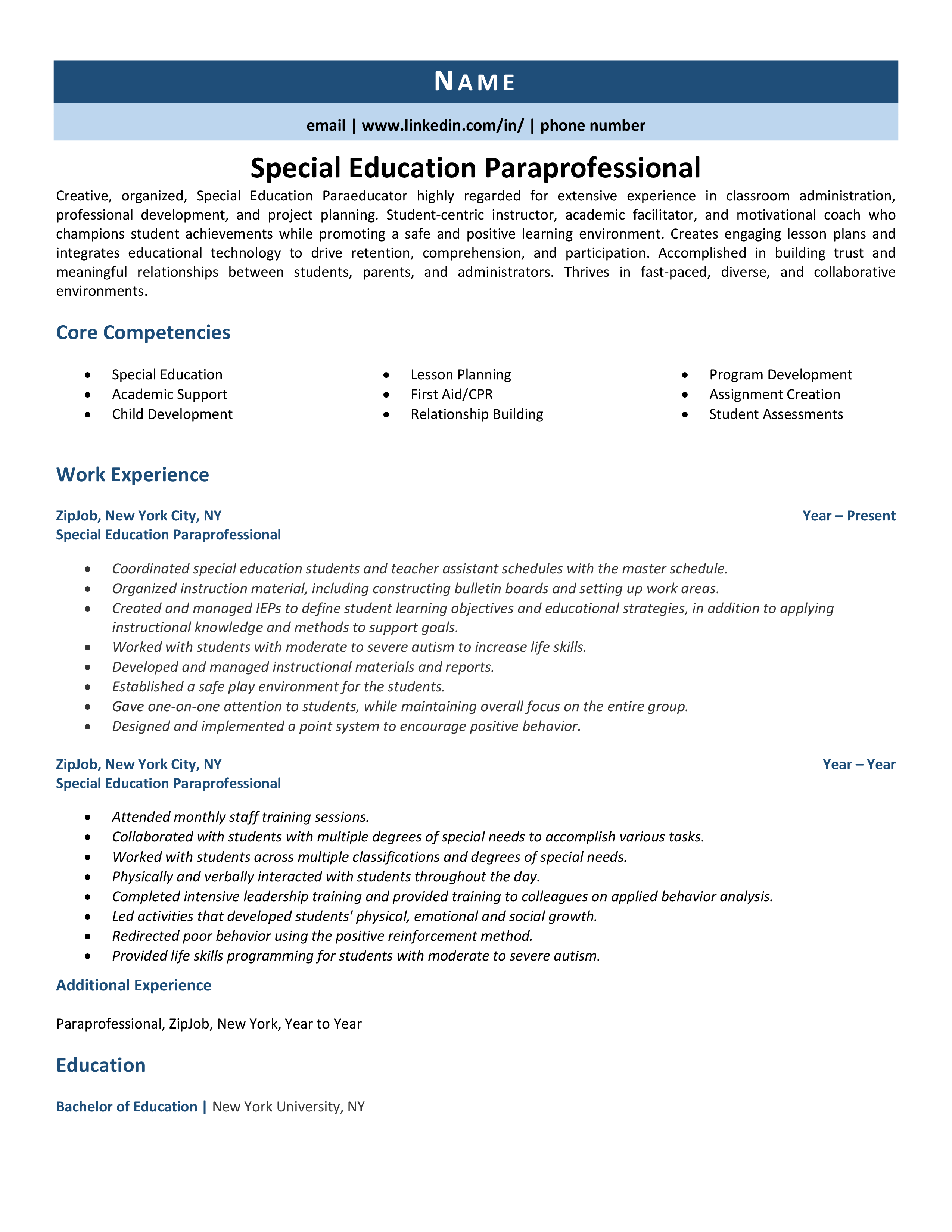 special ed paraprofessional job description