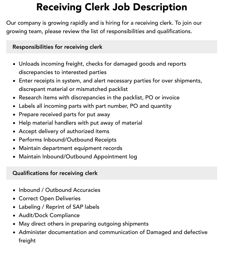 receiving clerk job description
