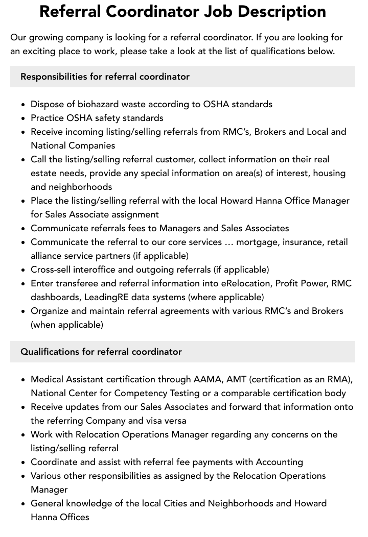 referral coordinator job description