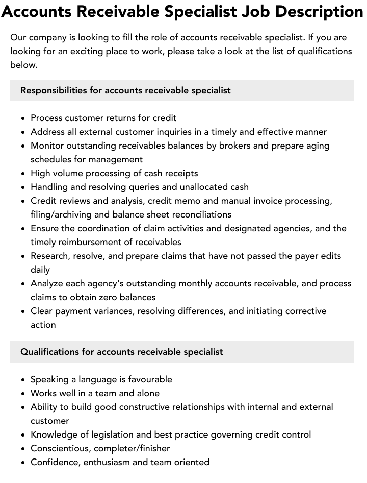 accounts receivable specialist job description