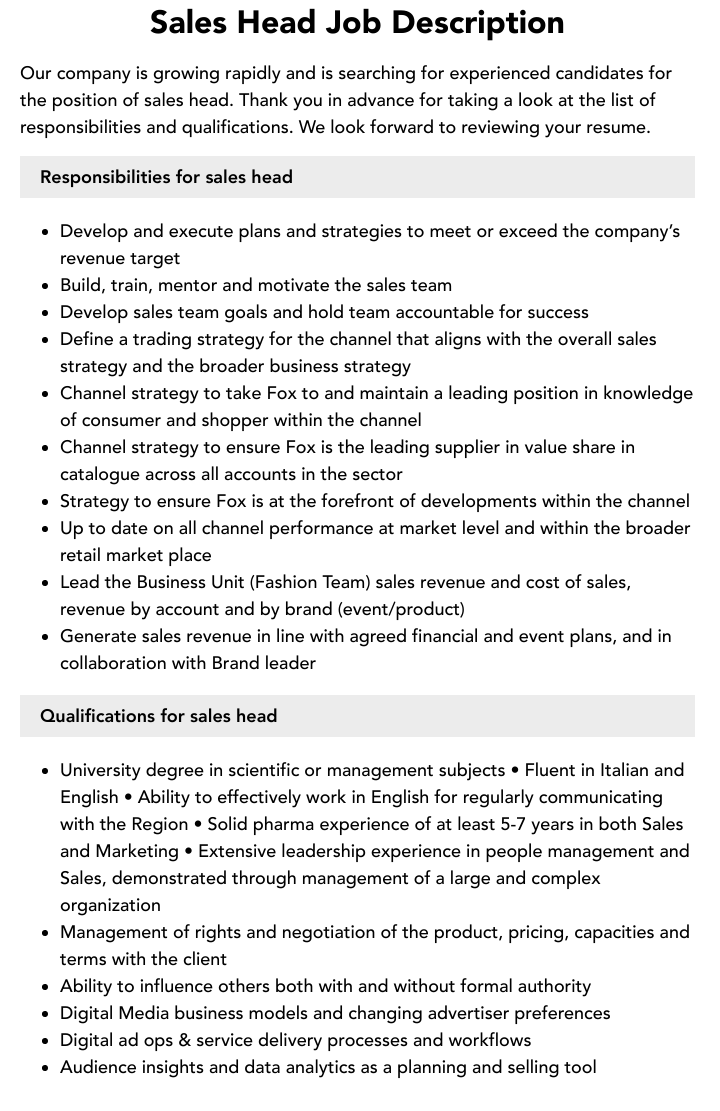 head of sales job description