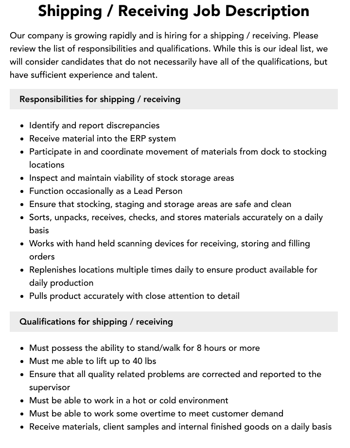 shipping and receiving job description