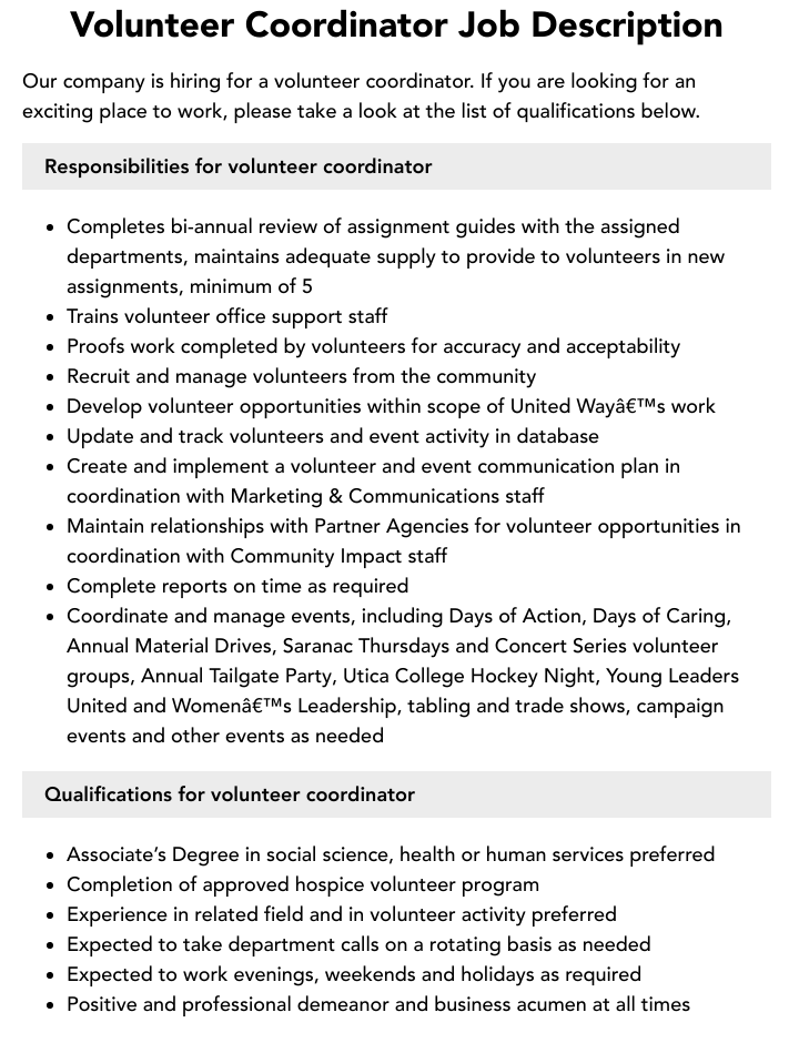 volunteer coordinator job description