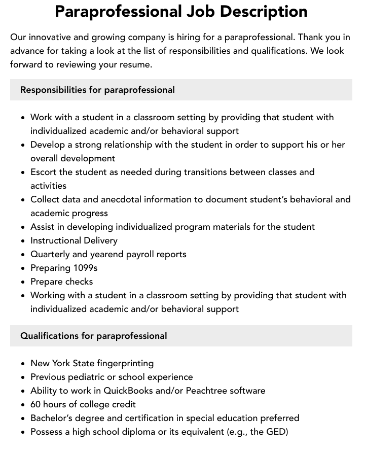 job description of paraprofessional