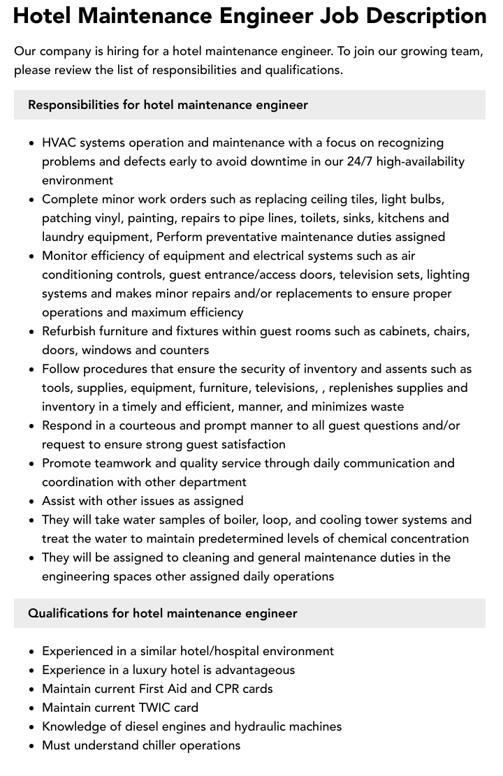 hotel maintenance job description