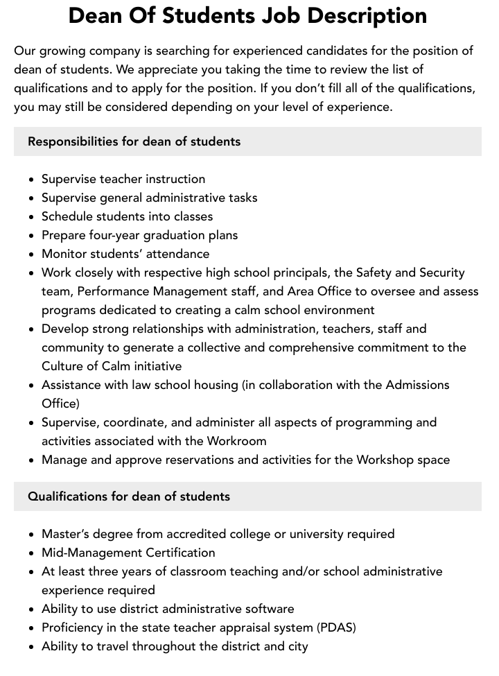 job description of dean of students