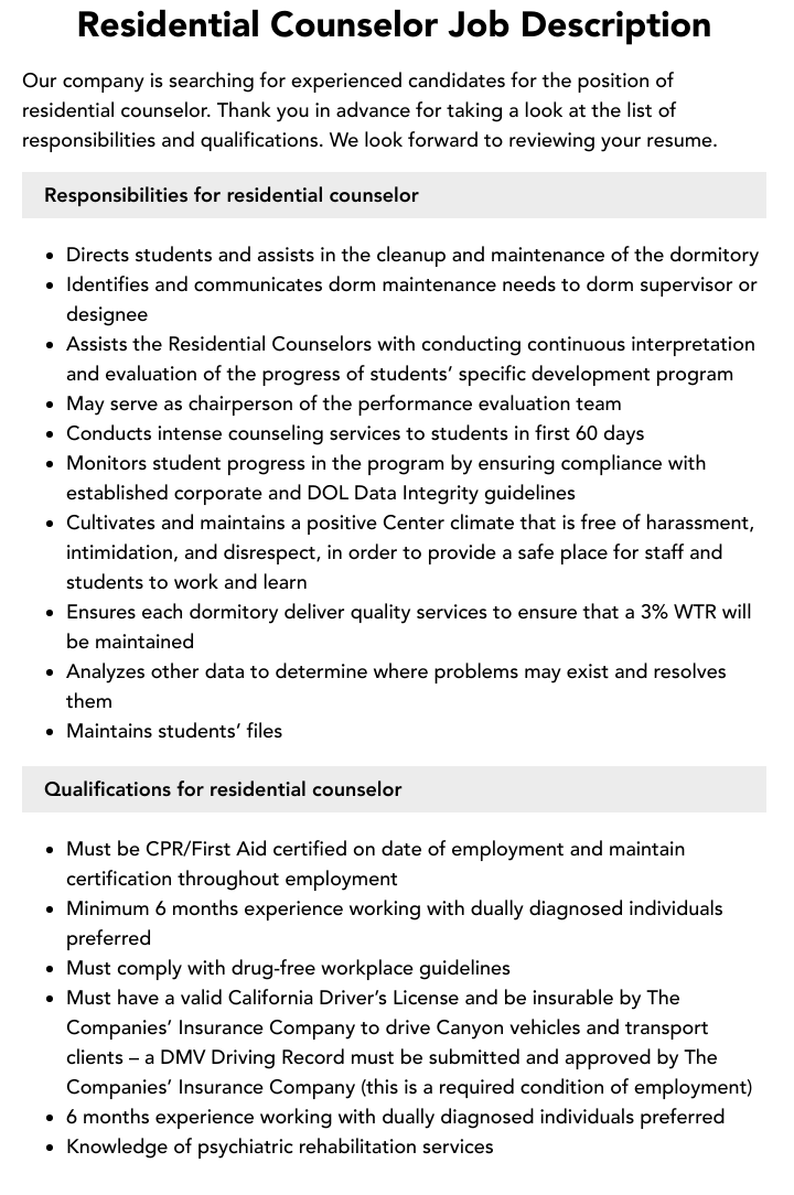 residential counselor job description