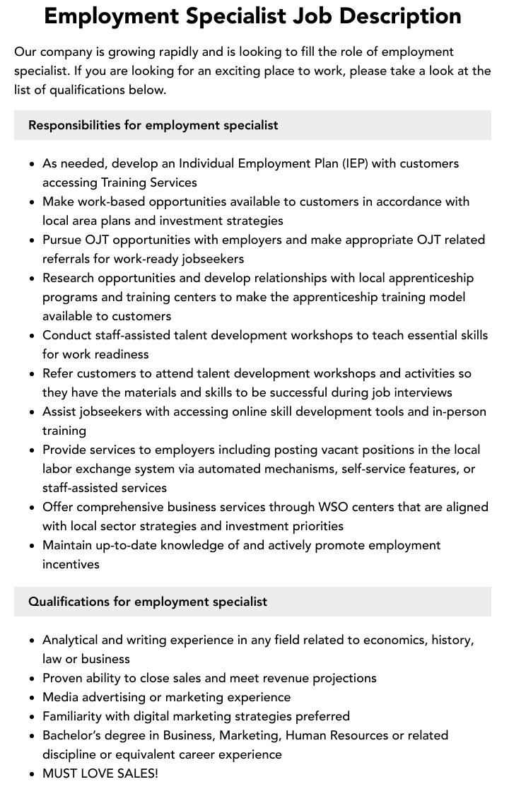 employment specialist job description