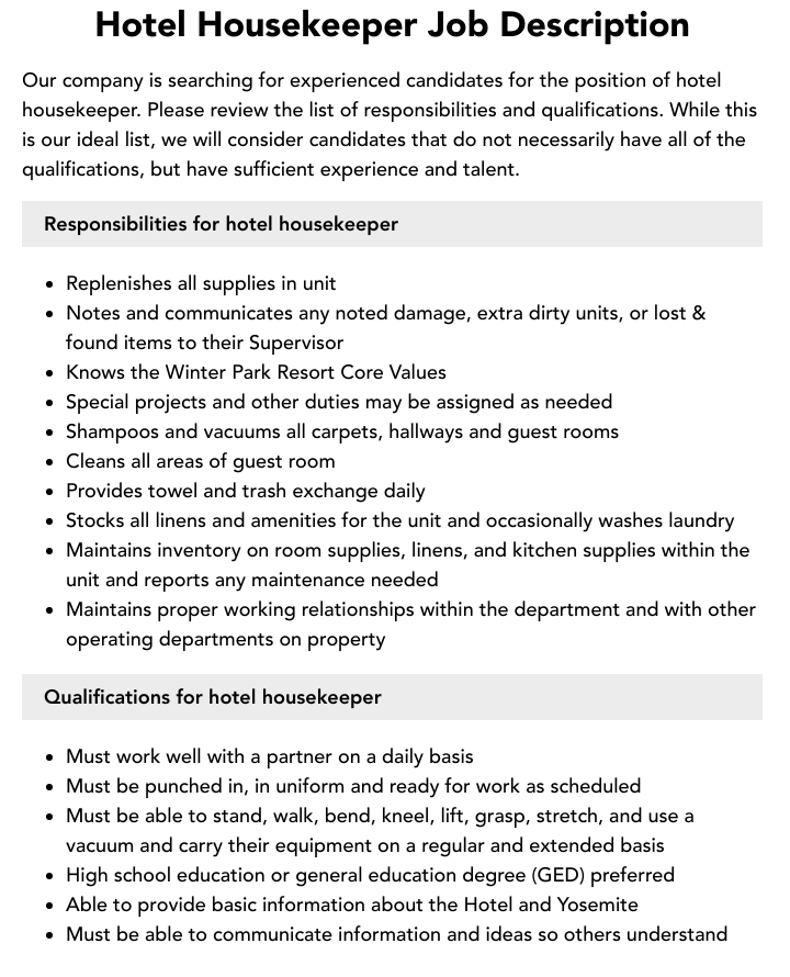 hotel housekeeper job description