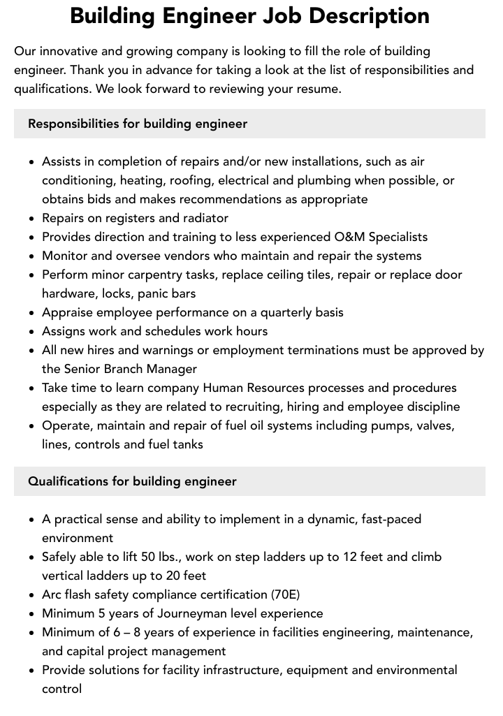 building engineer job description