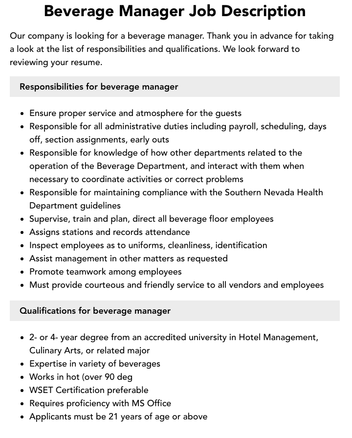 beverage manager job description