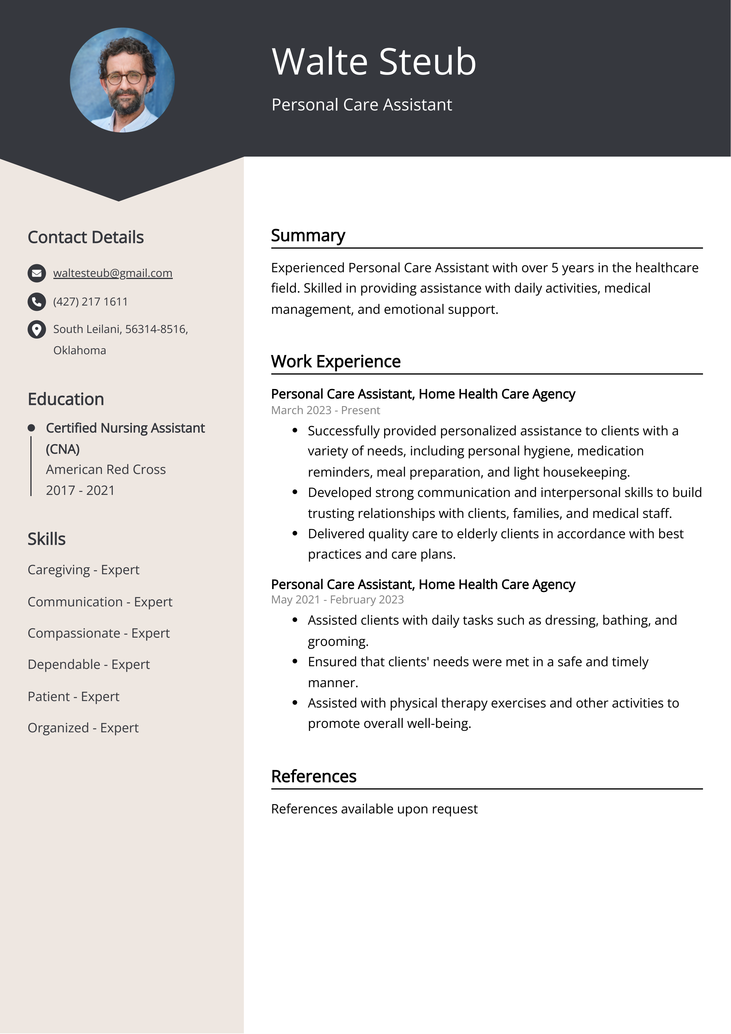 pca job description for resume