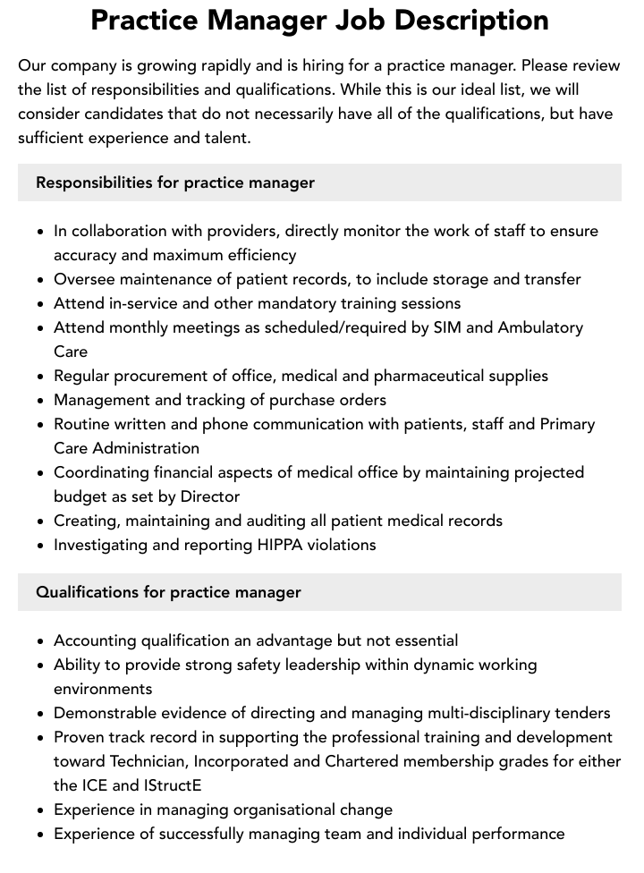 practice manager position description